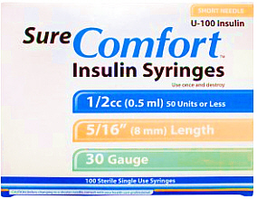 Sure Comfort U-100 Insulin Syringes 30G 1/2cc
