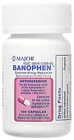 Banophen (Diphenhydramine) 25mg Capsules Major 100-Count