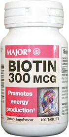Vitamin B-7 (Biotin) 300mcg Tablets 100-Count Major