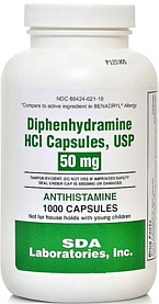 Diphenhydramine HCl 50mg Capsules 1,000-Count SDA Labs