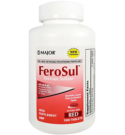 Ferrous Sulfate (Iron) 325mg 1000 Tablets Major Pharm