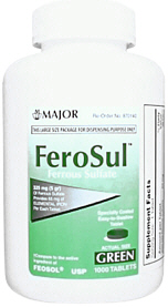 Ferrous Sulfate (Iron) 325mg Tablets Major 1000 Count GREEN