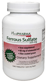 Ferrous Sulfate (Iron) 325mg 1000 Tablets Plus Pharma
