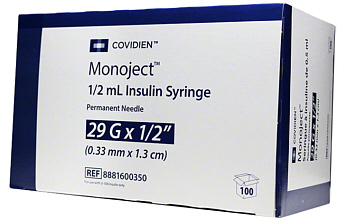 Monoject U-100 Insulin Syringes 0.5ml 29 Gauge