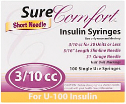 Sure Comfort U-100 Insulin Syringes 31G 3/10cc