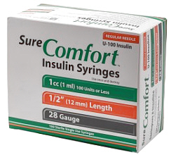 Sure Comfort U-100 Insulin Syringes 1cc 28 Gauge