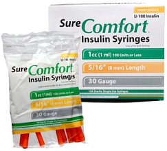 Sure Comfort U-100 Insulin Syringes 30G 1cc